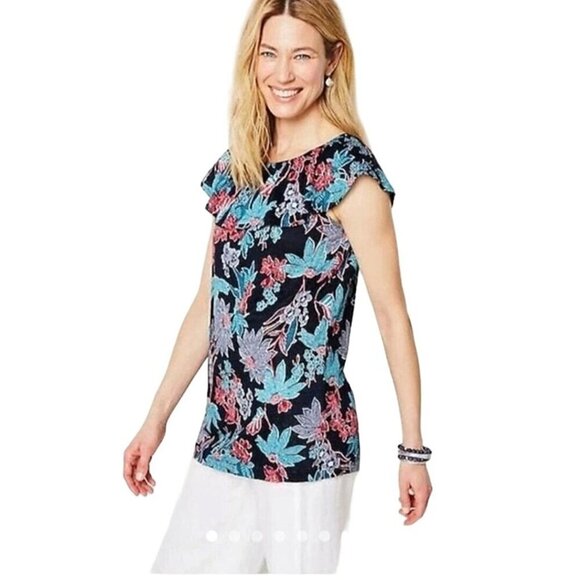 J Jill Blouse Womens Size Small Red, White & Blue Floral 100% Linen Sarasa Top - Picture 3 of 15